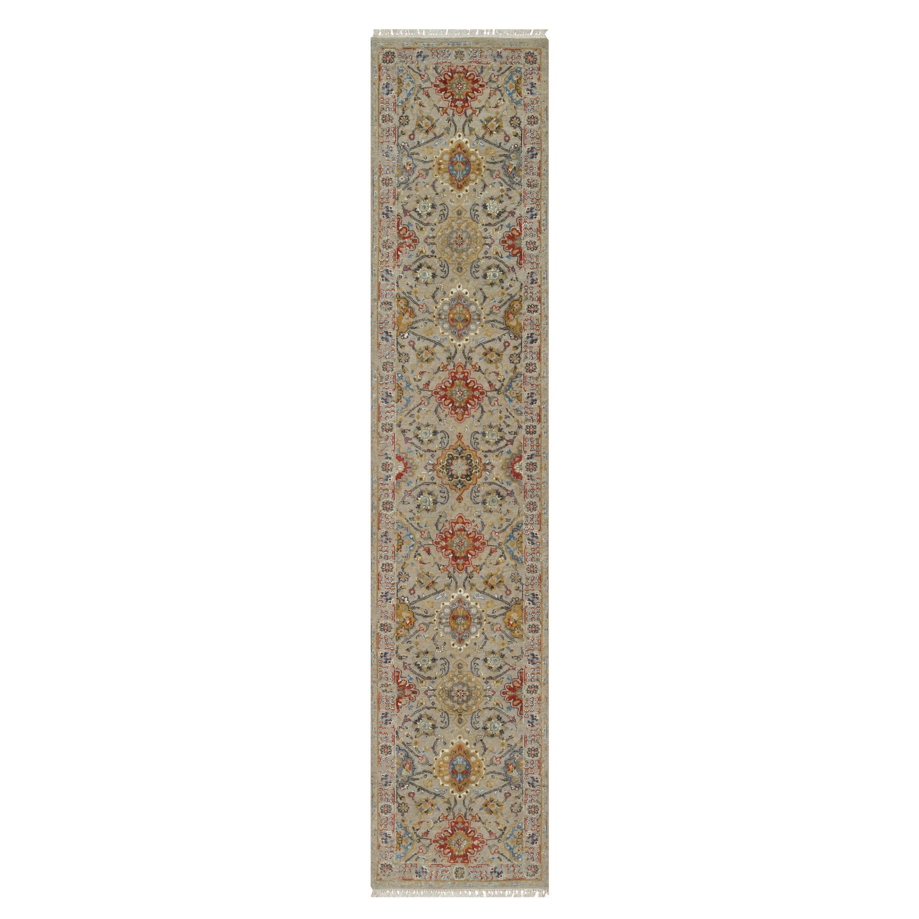 2'6"x11'10" Biscotti Beige, THE SUNSET ROSETTES with Soft Colors, Hand Knotted, Wool and Pure Silk, Runner, Oriental Rug 